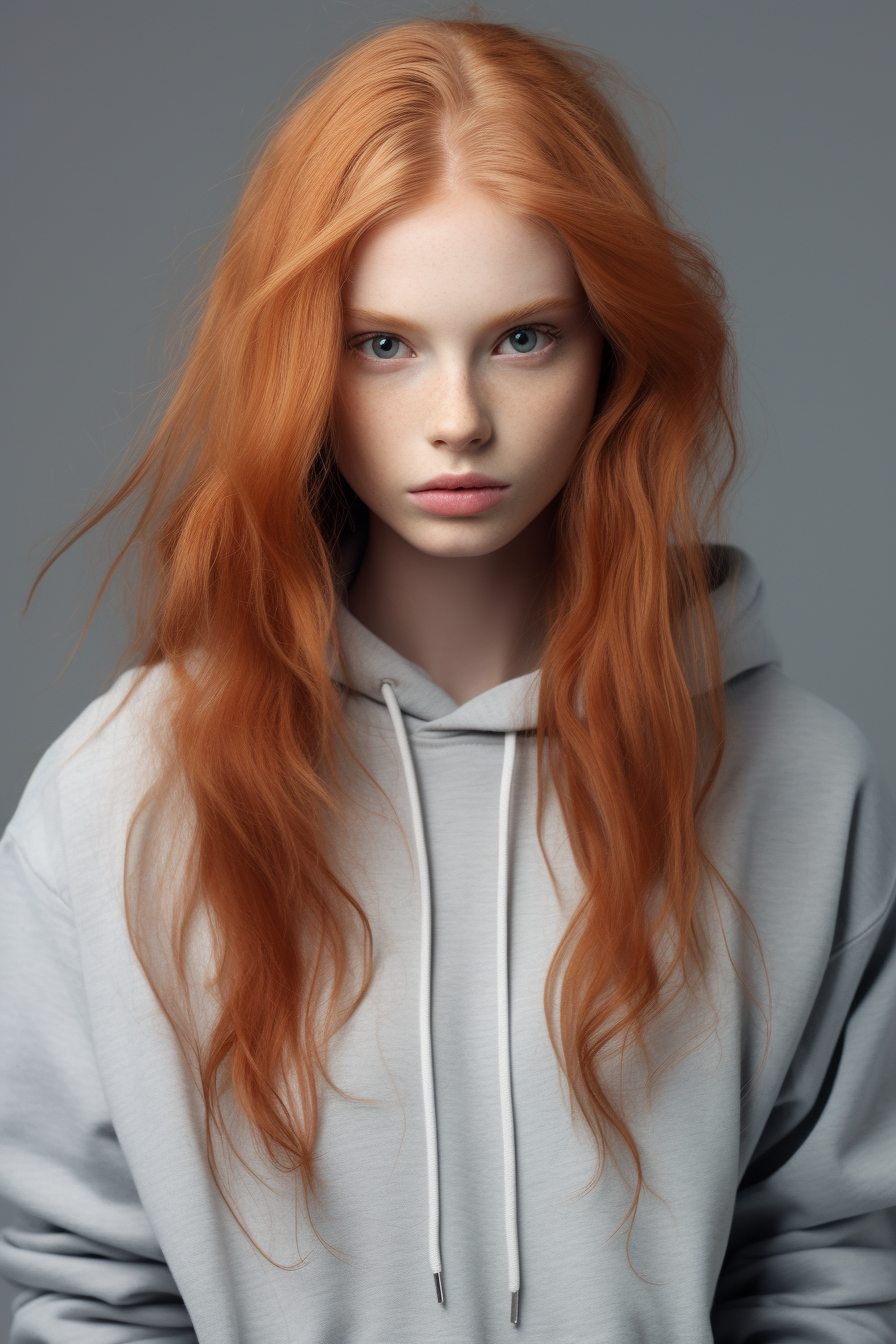 Ginger woman in sporty outfit against grey background