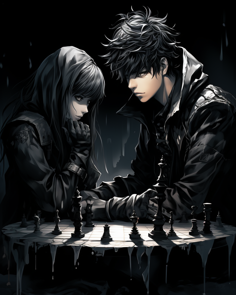 Girl and boy playing intense chess game