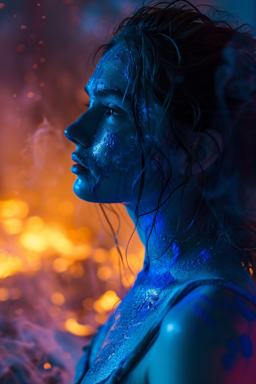 Girl in a burning house with blue sand on her chest