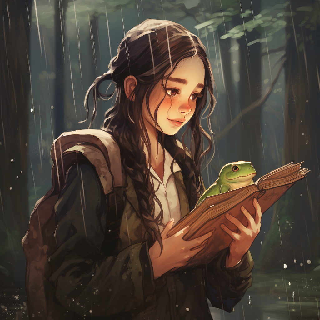 Girl with Frog and Book in Rainy Forest