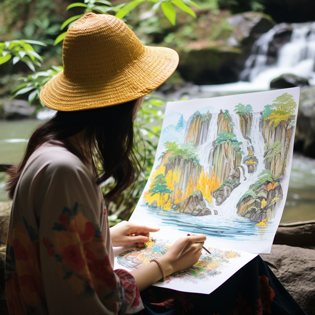 Girl in Vietnamese Ao Dai with Amazon Forest Sketch