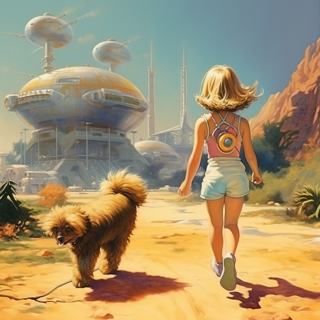 7-year-old girl and mini goldendoodle dog walking in utopia