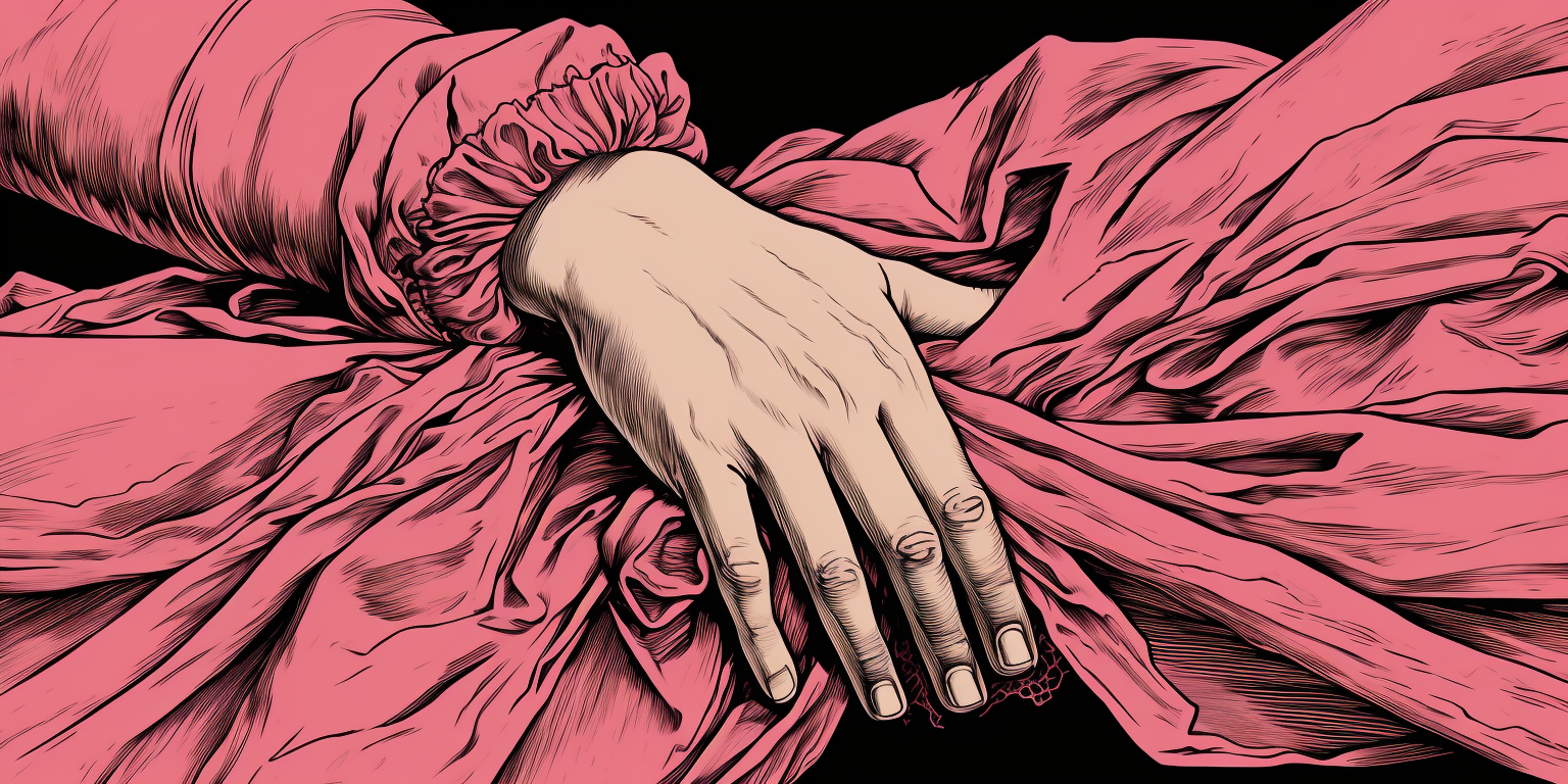 Girl hands holding fabric in woodcut style