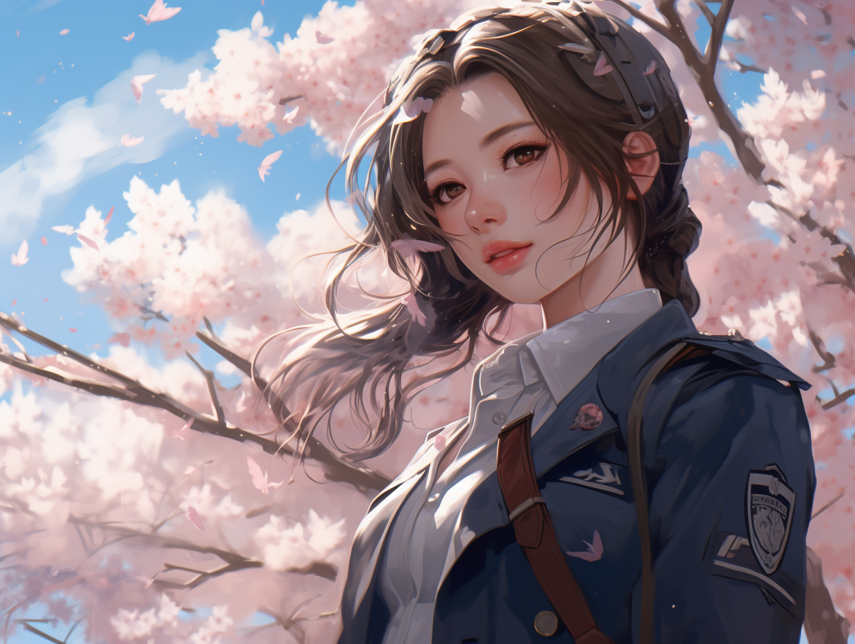 High school girl in cherry blossom wind