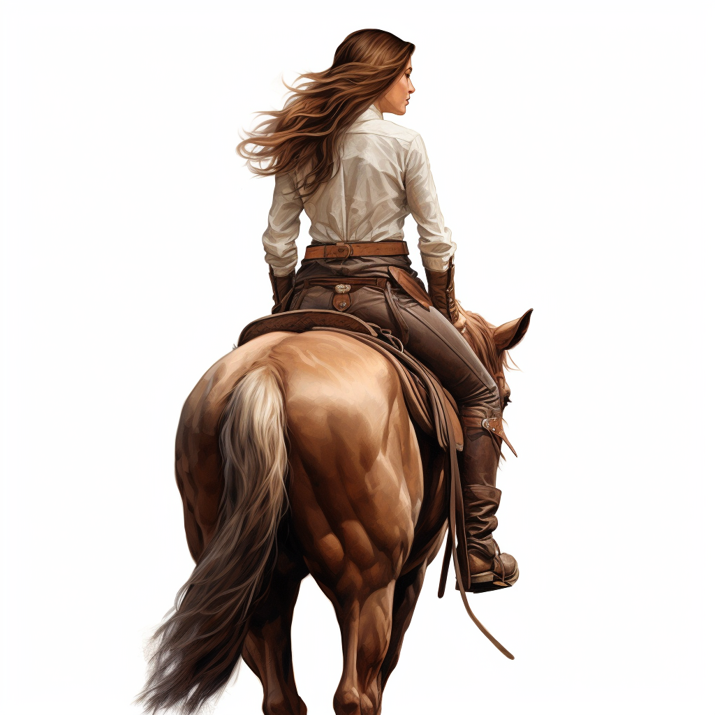 Realistic girl on horse standing from behind