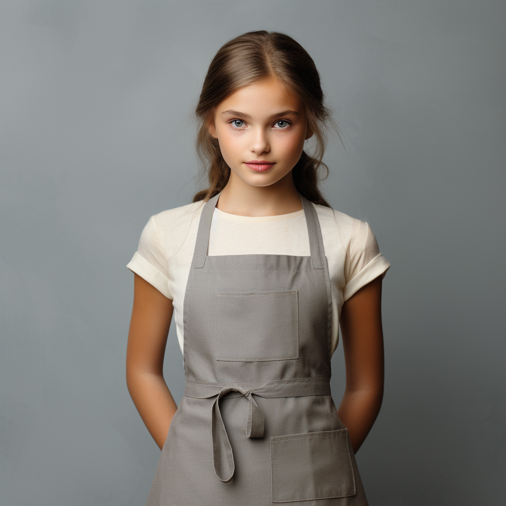 Stylish girl in apron on plain grey background