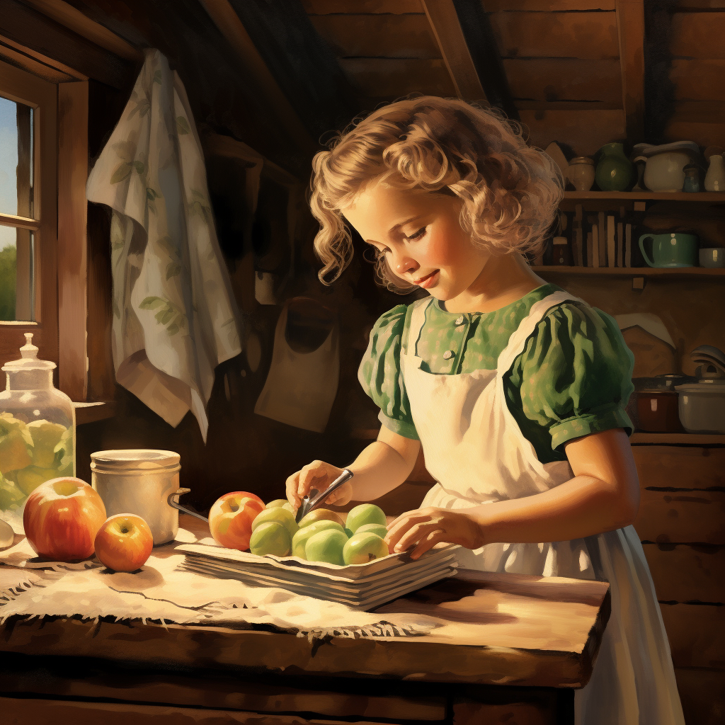 Little girl peeling apples in kitchen