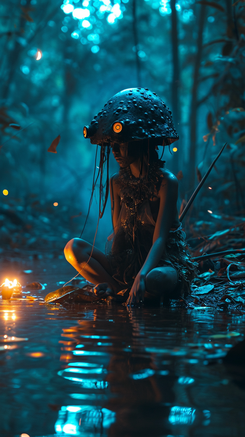 Girl in water with giant jellyfish mask