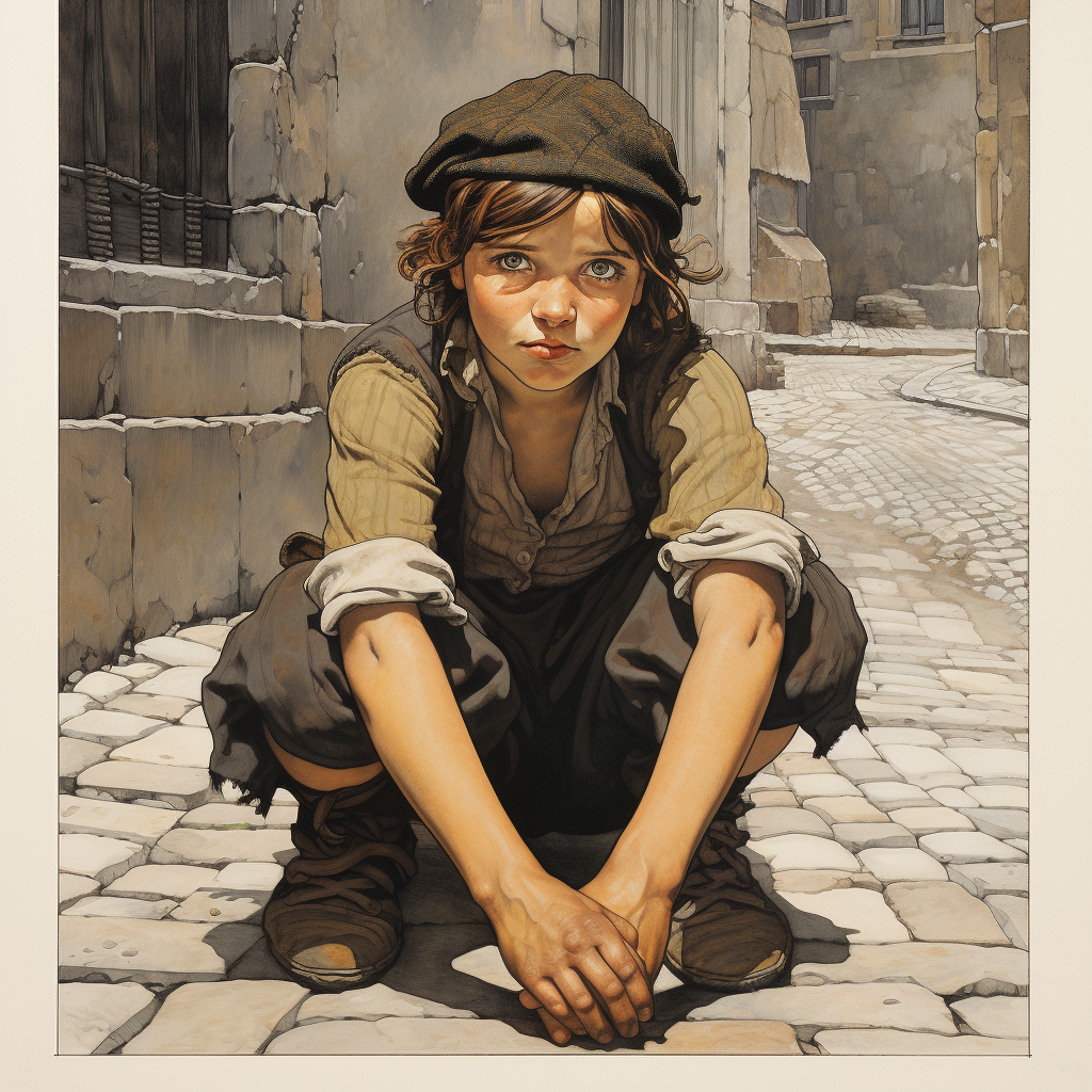 Vintage girl in newsboy cap on cobblestone street