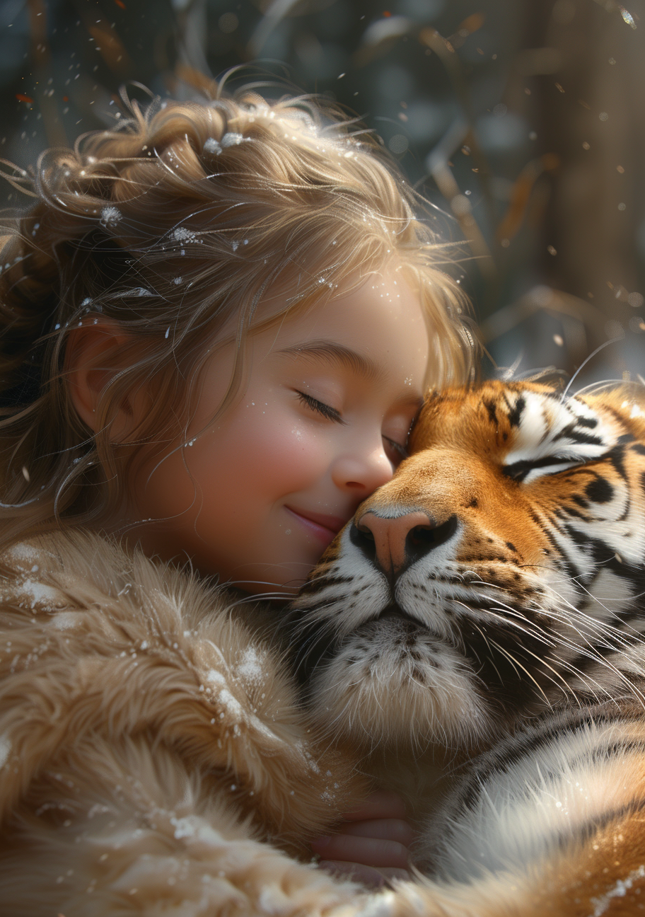 Cute little girl playing with tiger