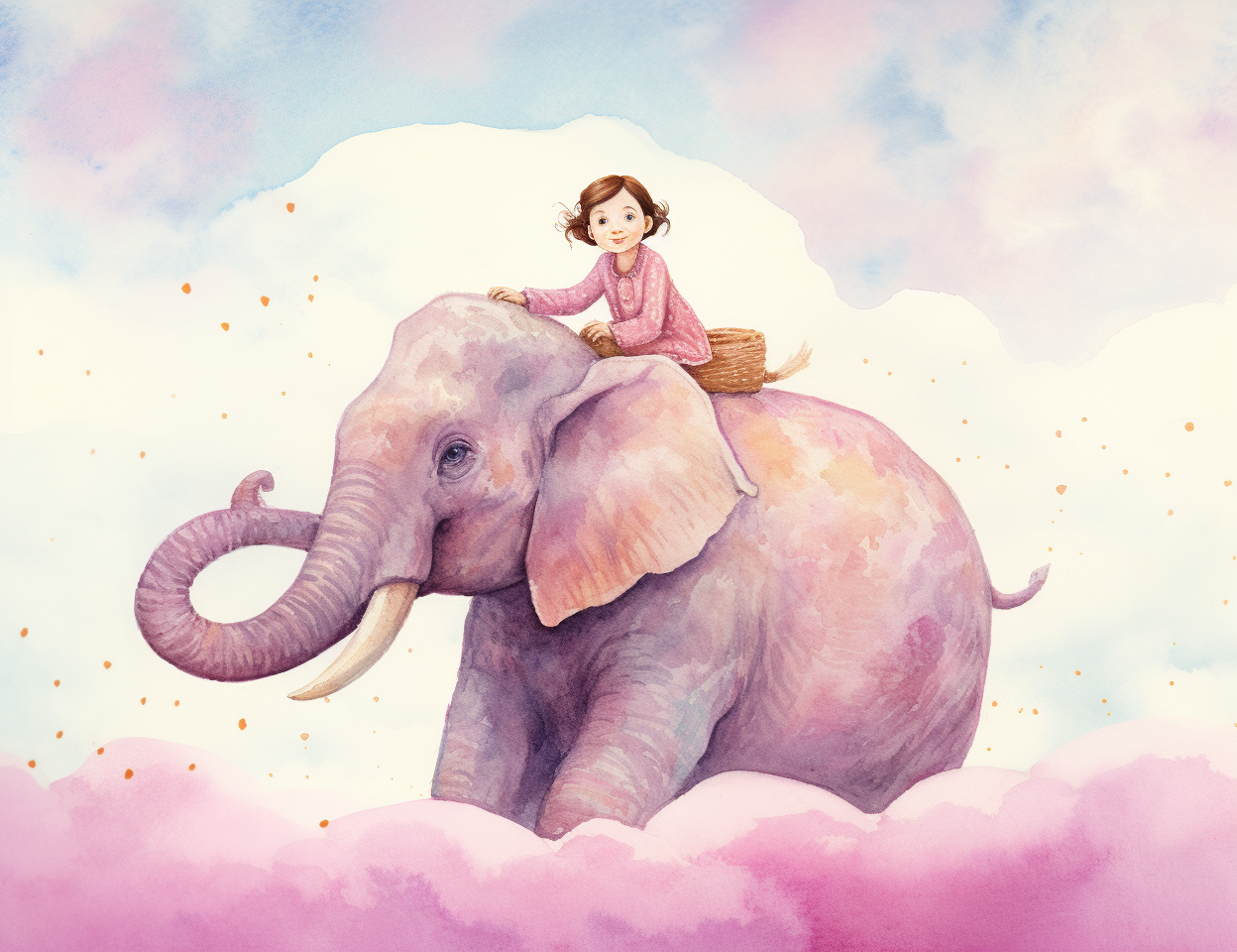 Girl riding pink elephant illustration