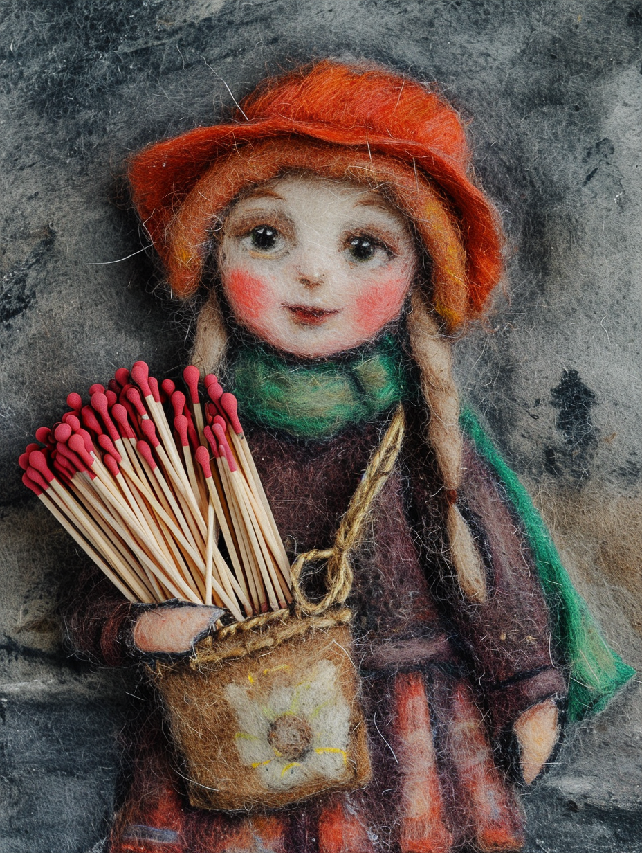 Girl selling matches on wool felt