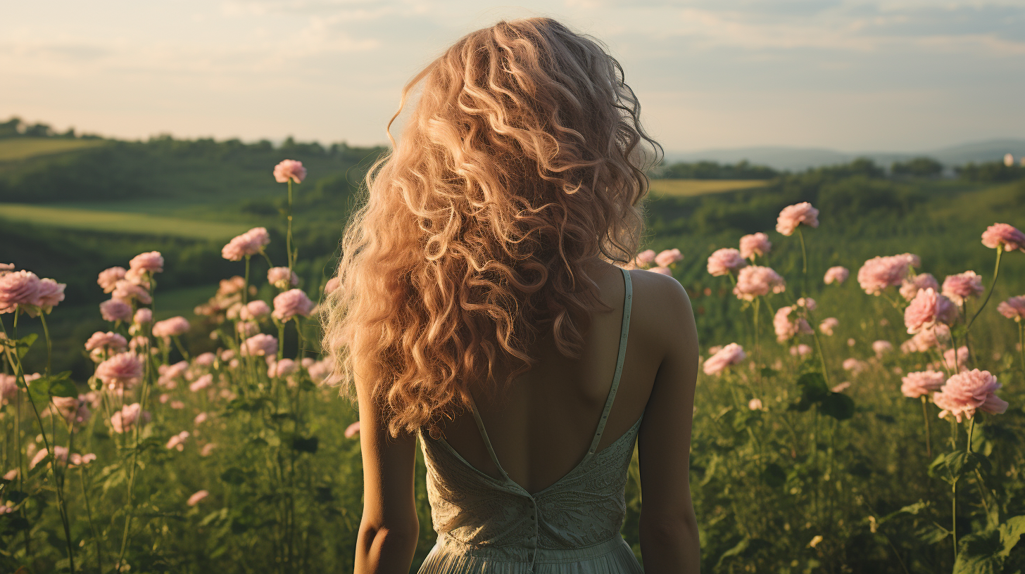 Girl sitting in green field, sunlight