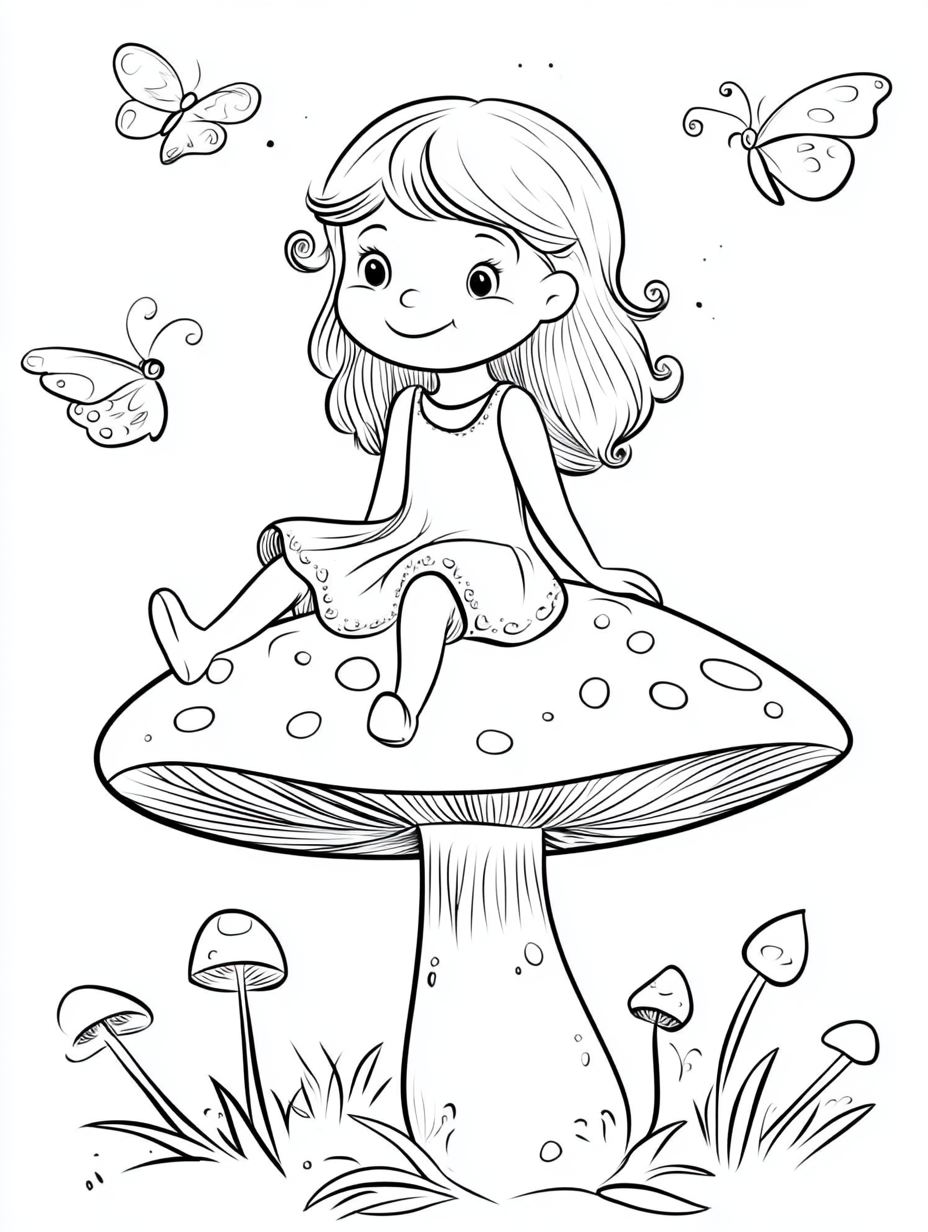 Young girl on mushroom with butterflies