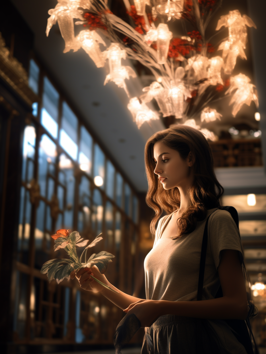 Beautiful girl in hotel lobby with decorations