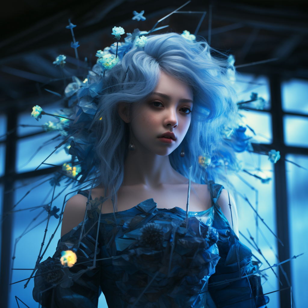 Translucent girl with blue hair and wind flowers