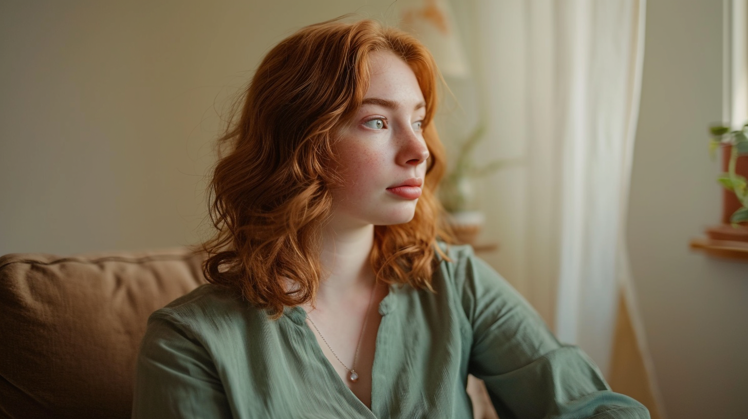 girl with ginger hair in green dress