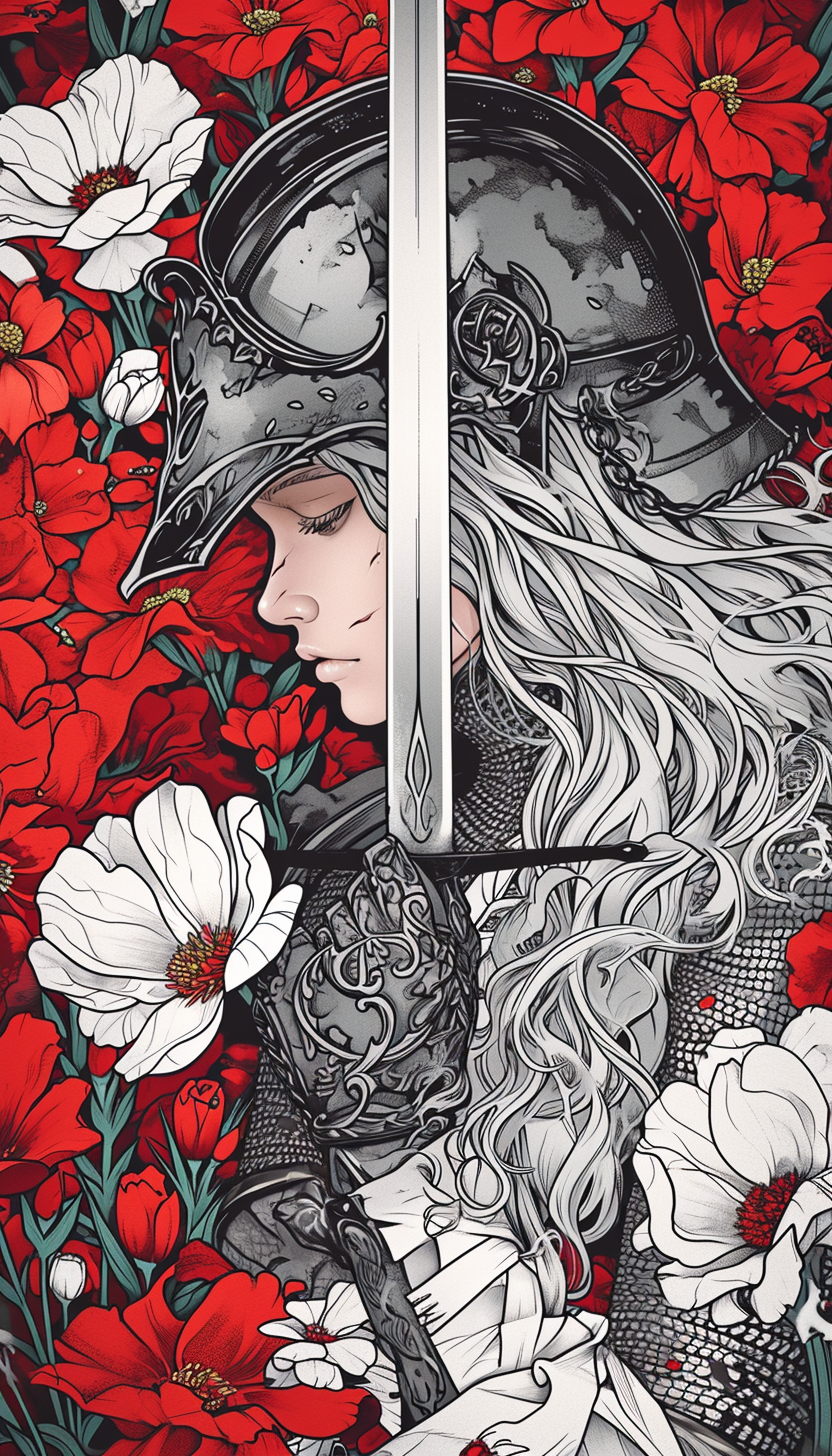 Girl in Gray Hair Armor with Sword