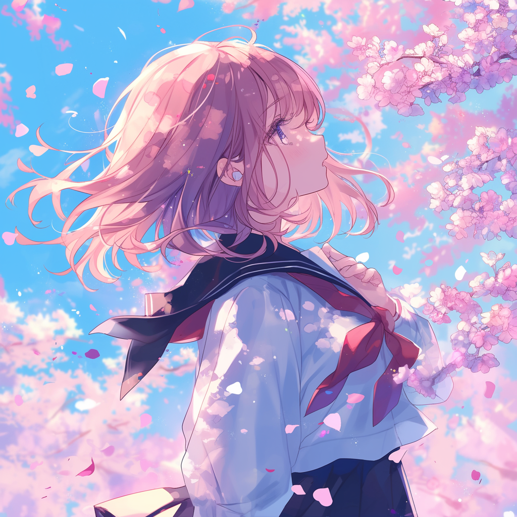 Girl with Pink Hair and Sailor Uniform, Cherry Blossoms