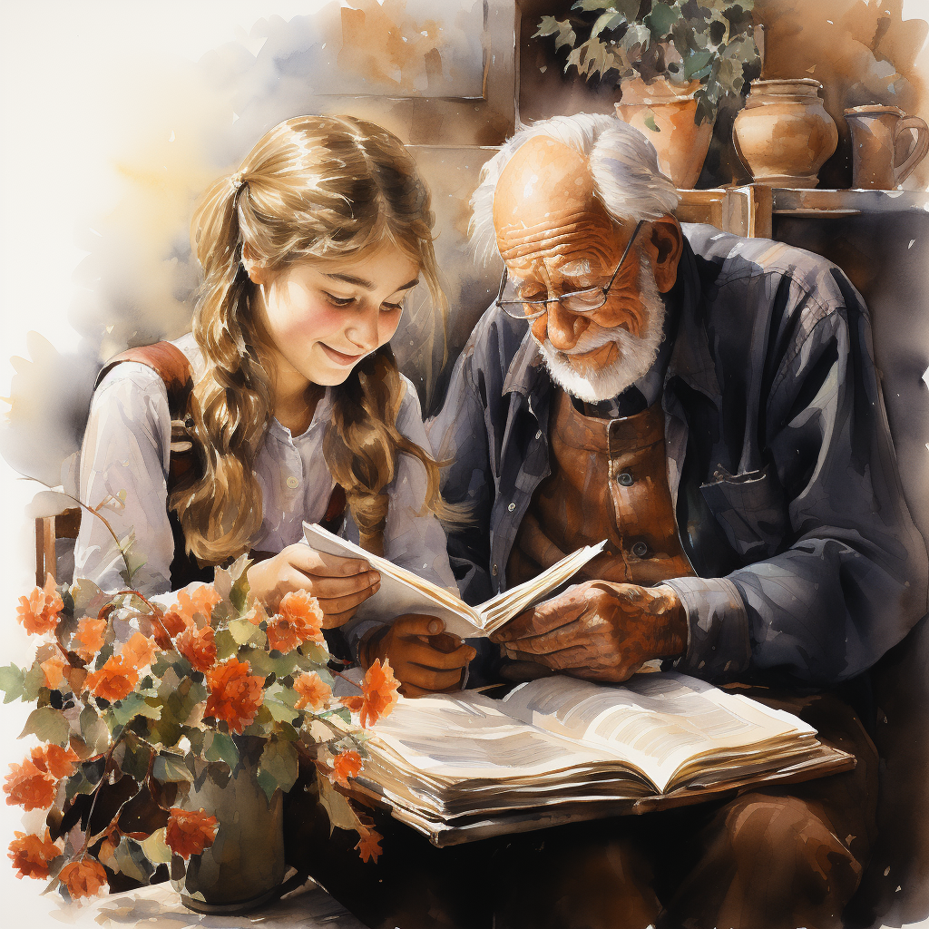 14-Year-Old Girl Reading Book to Sick Old Man