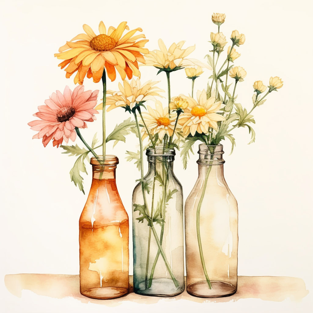 glass bottles with wildflower bouquet