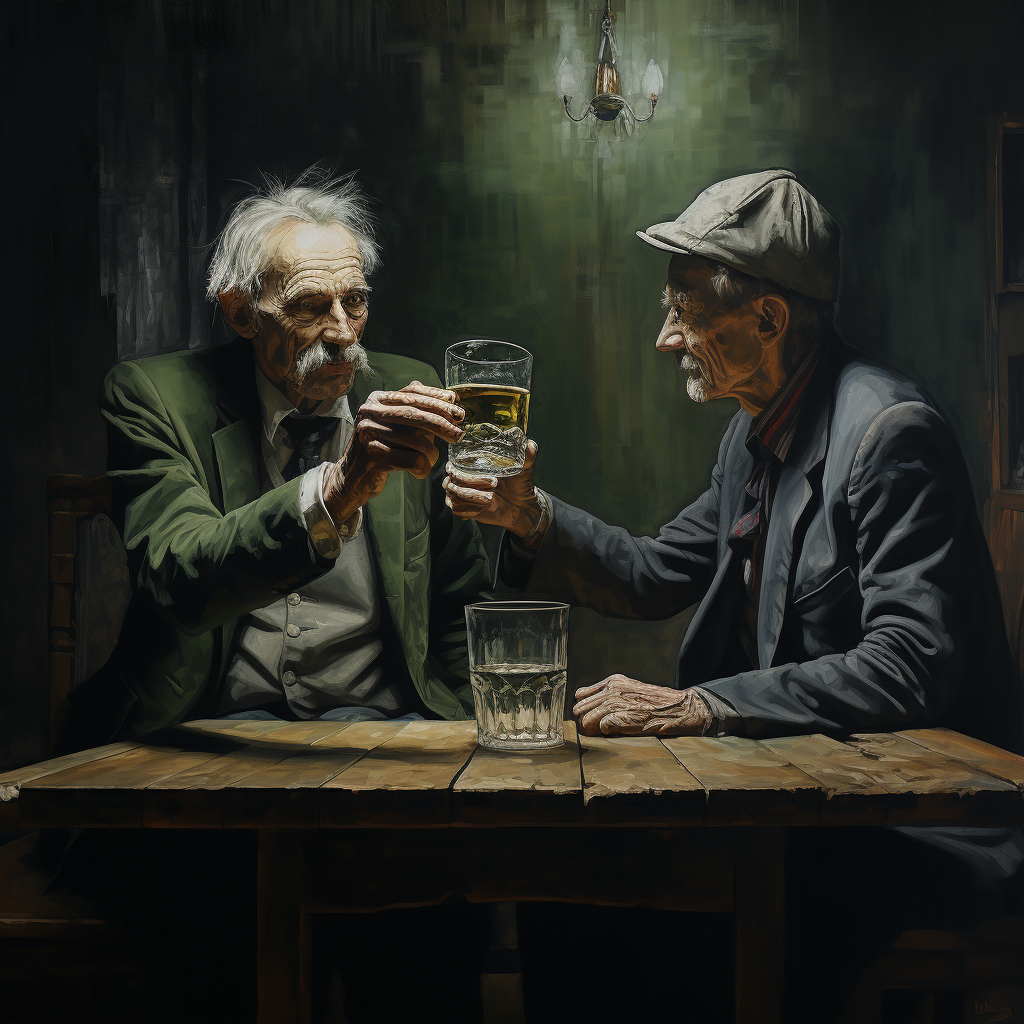 Two men exchanging glass