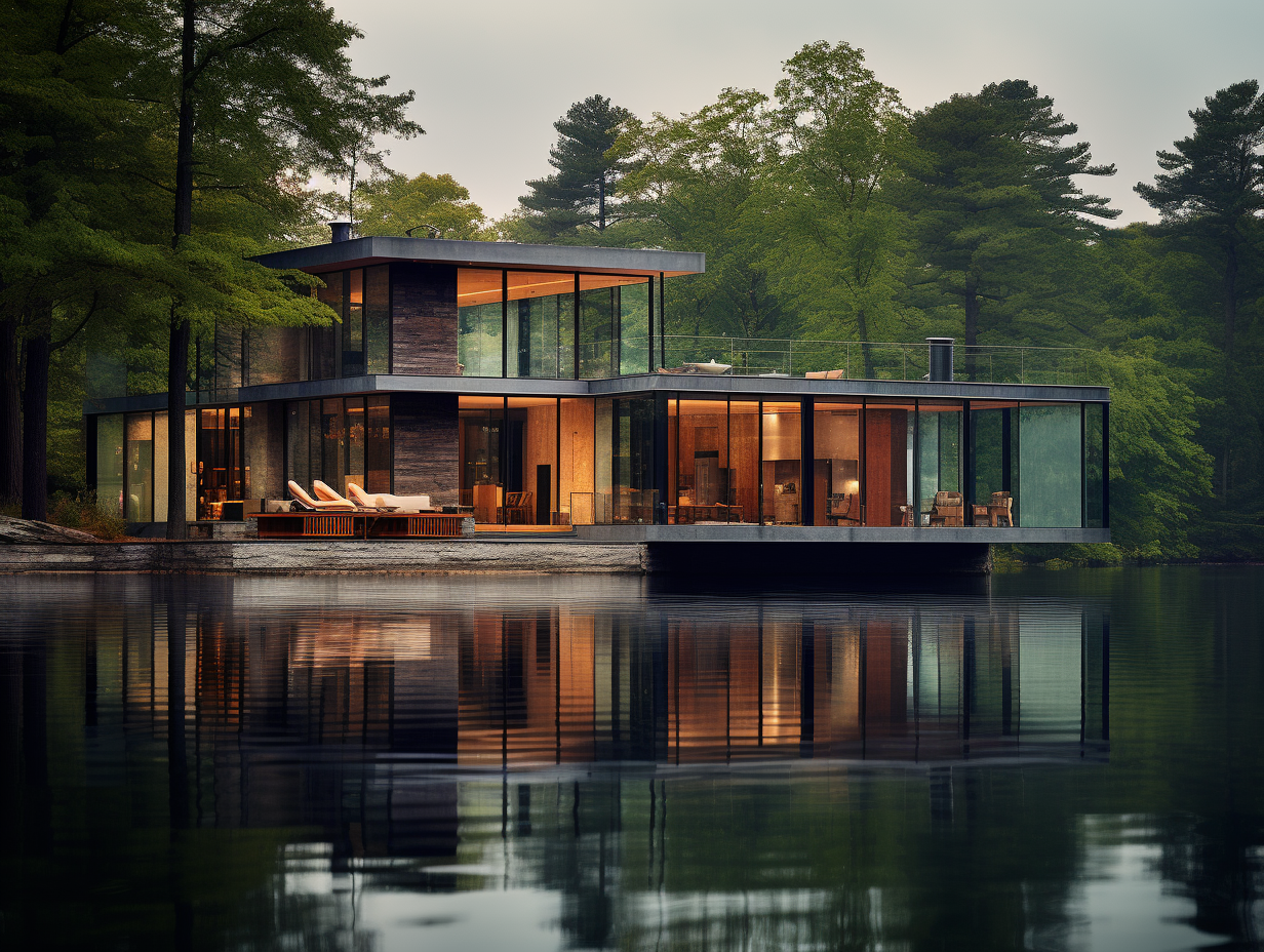 Beautiful glass lakehouse near the lake