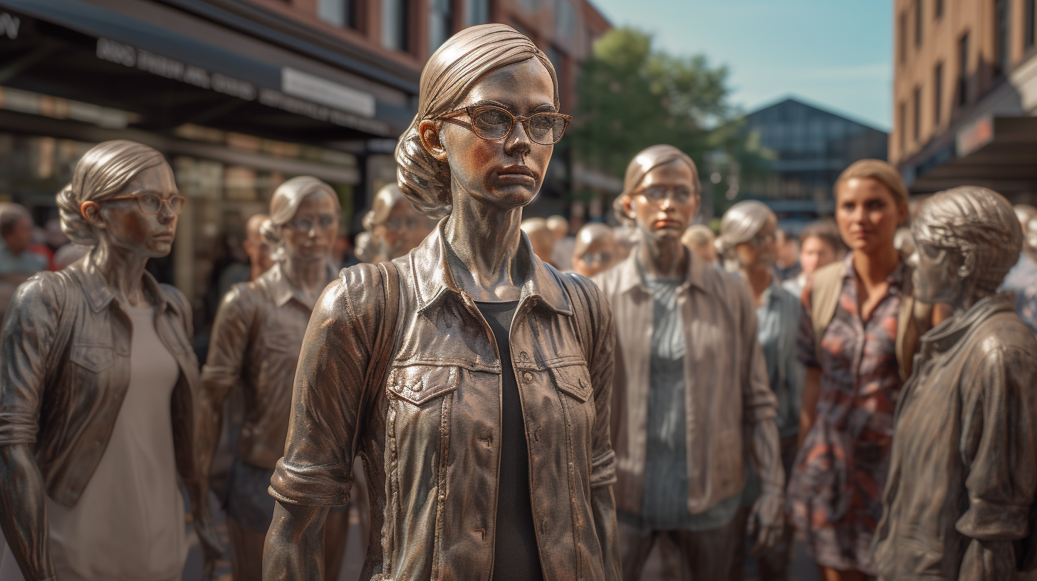 Stunning Glass Statue with Androids Marching Downtown