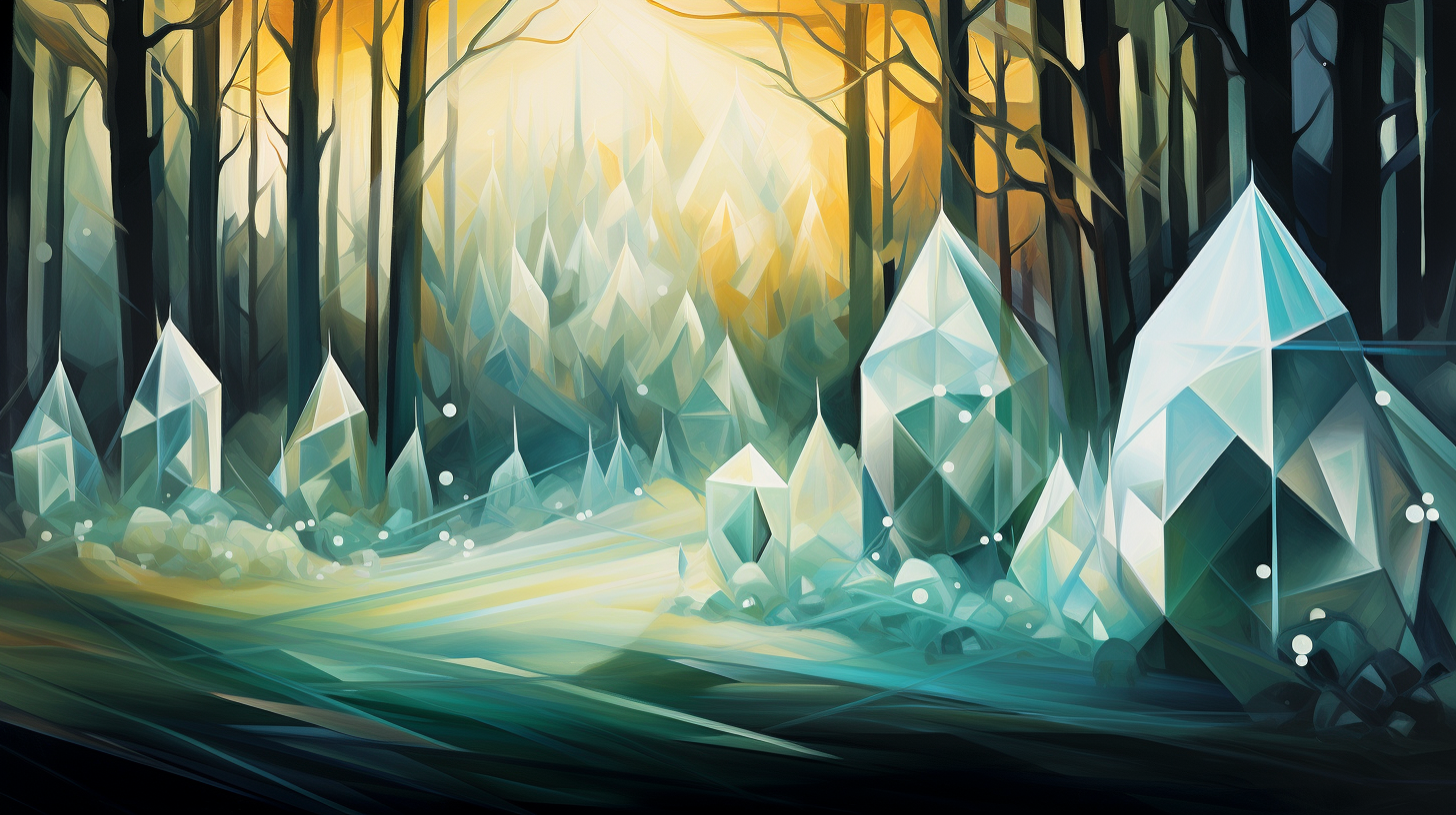 Glimmering crystal cubist forest scene.