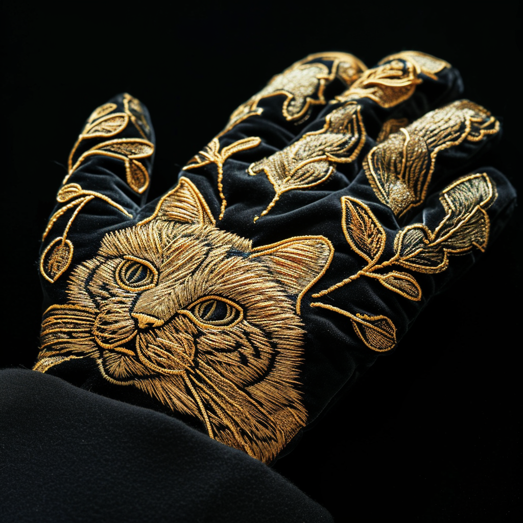 Embroidered golden gloves with cat illustration