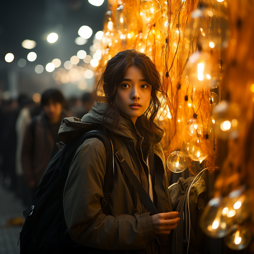 Asian girl captivated by glowing amber cocoon