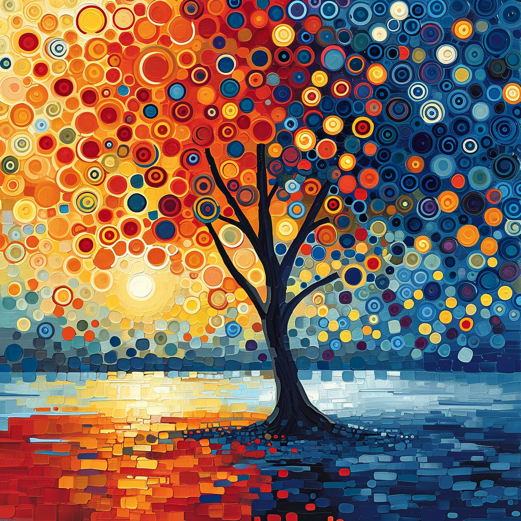 Glowing circles on colorful tree by river