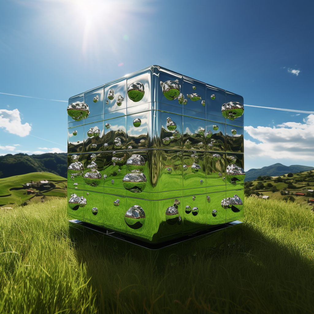 Giant metallic cube surrounded by Pepe frogs