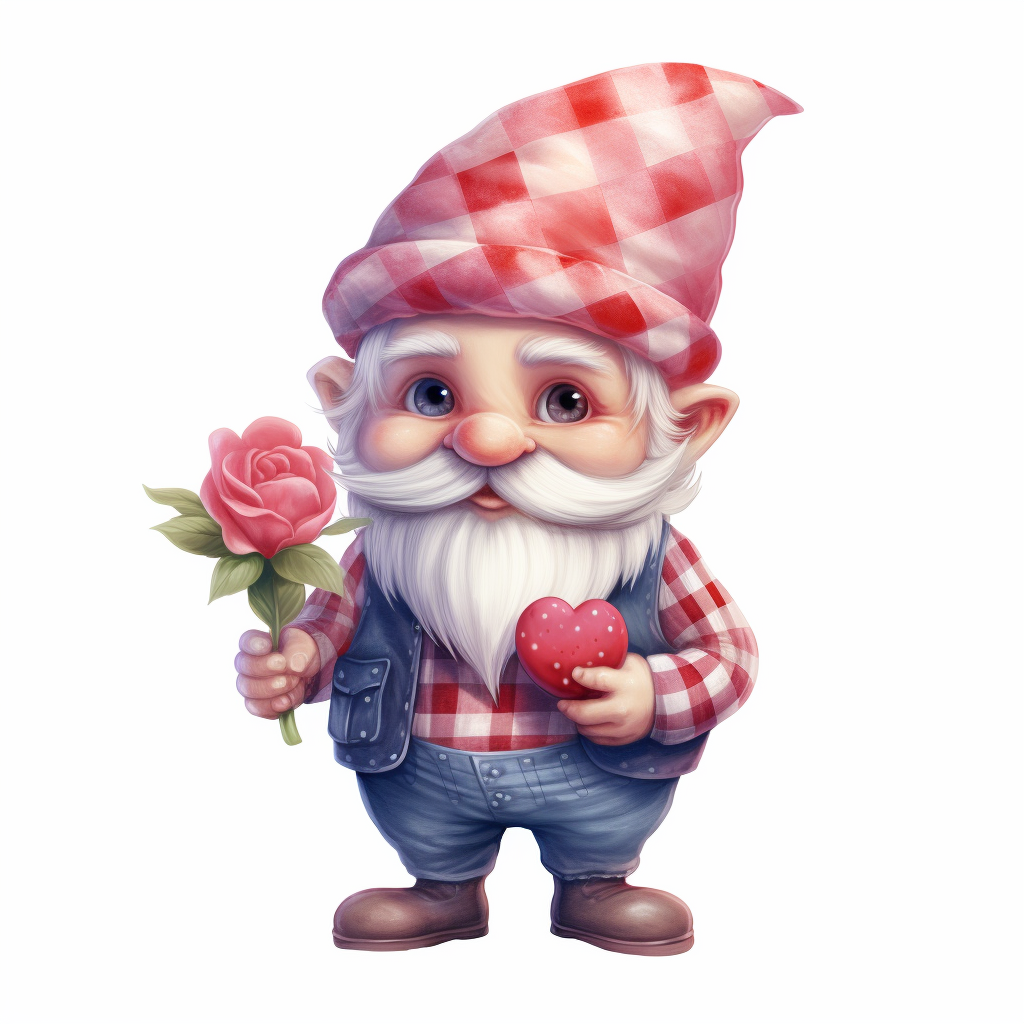 Cartoon gnome holding a heart-shaped strawberry