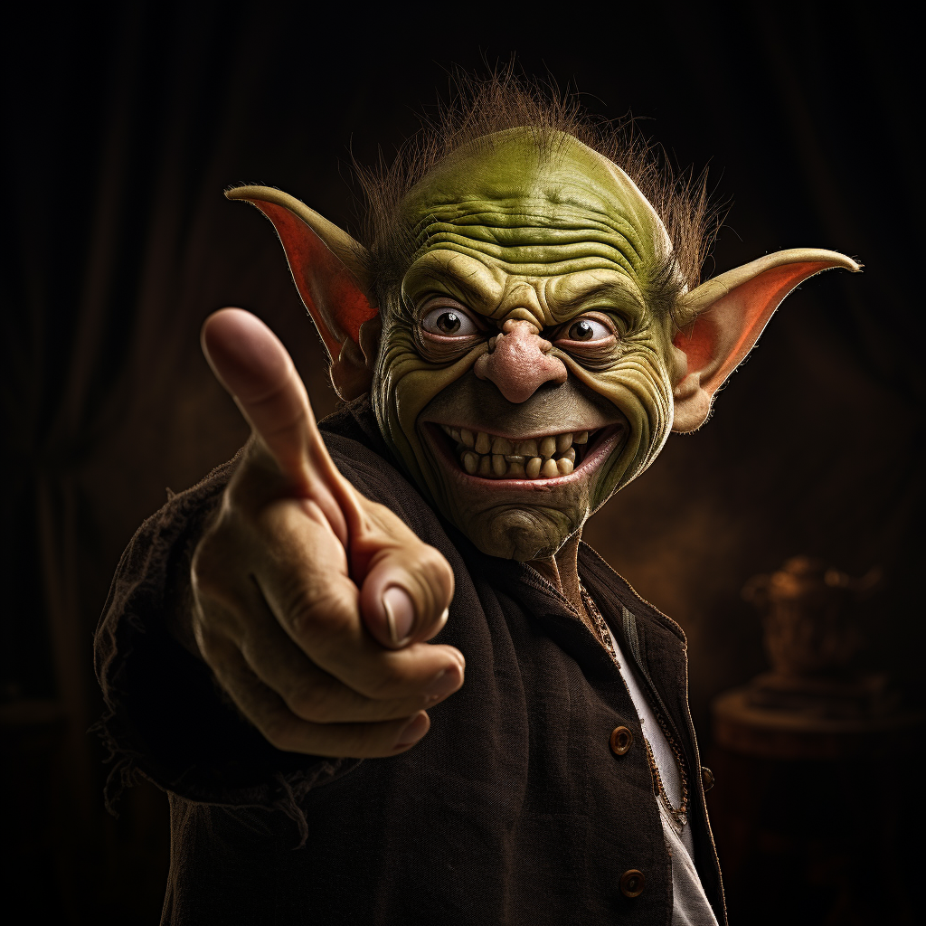 Funny goblin pointing backwards with mouth open