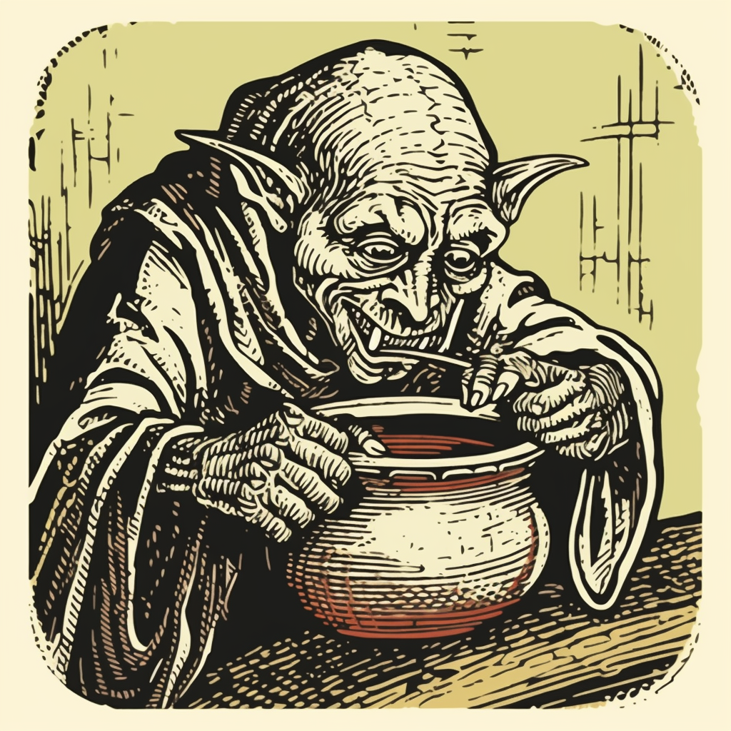 Goblin enjoying soup from a can