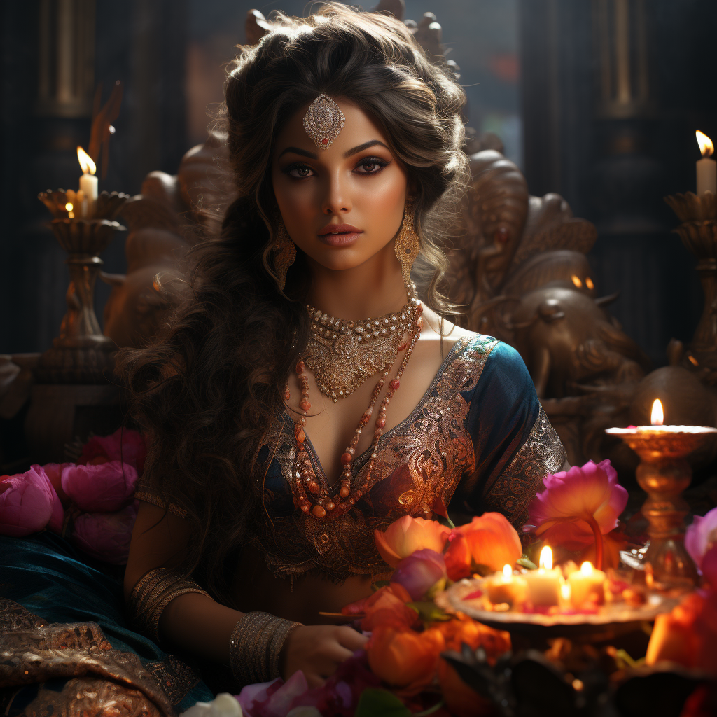 Goddess Lakshmi on Lotus with Diya