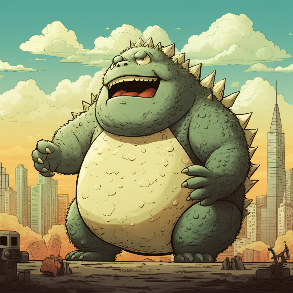 Adorable chubby Godzilla in cartoony style