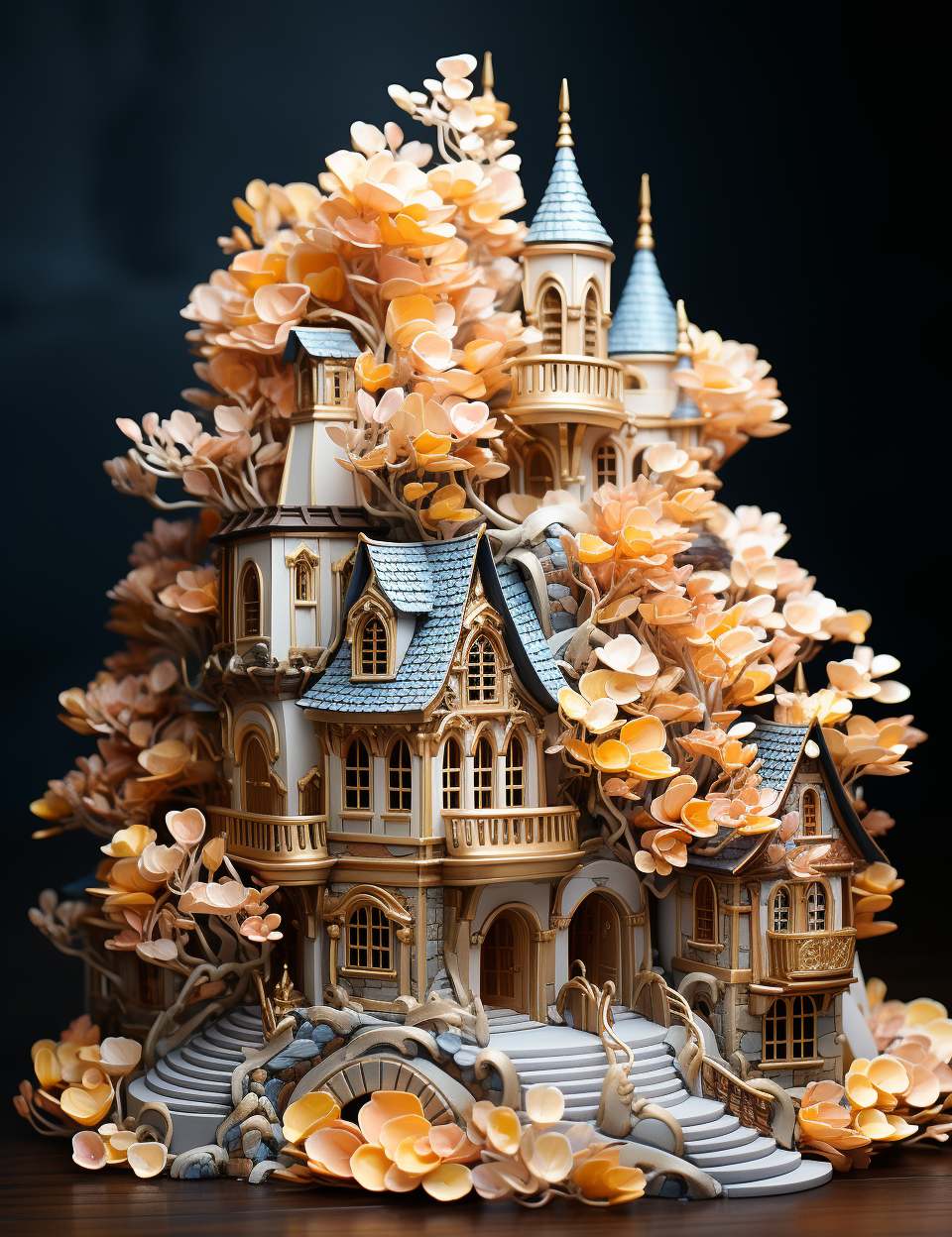 Intricate gold fairy homes amidst autumn leaves and magnolia gardens