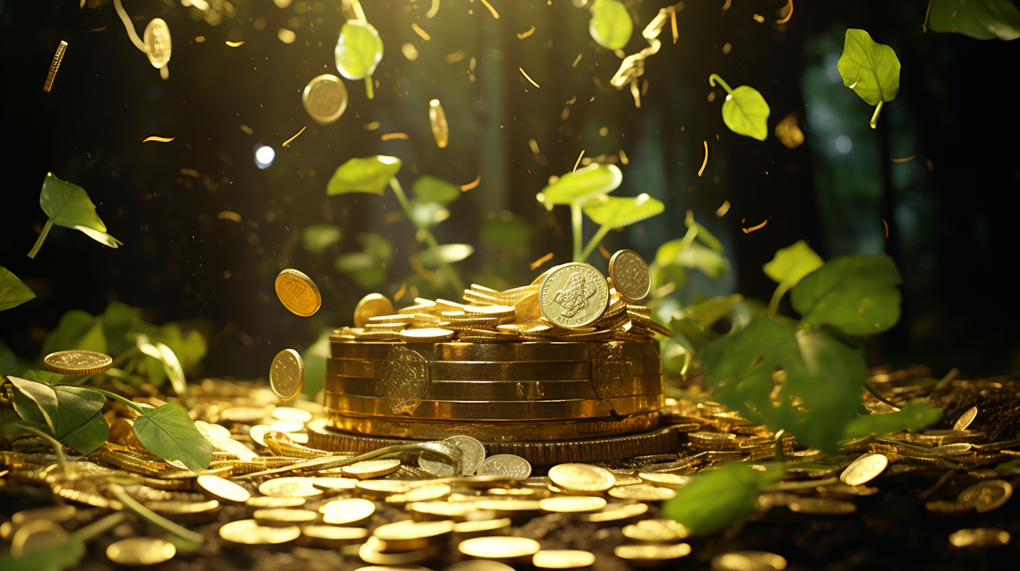 Shimmering gold coins and delicate leaves