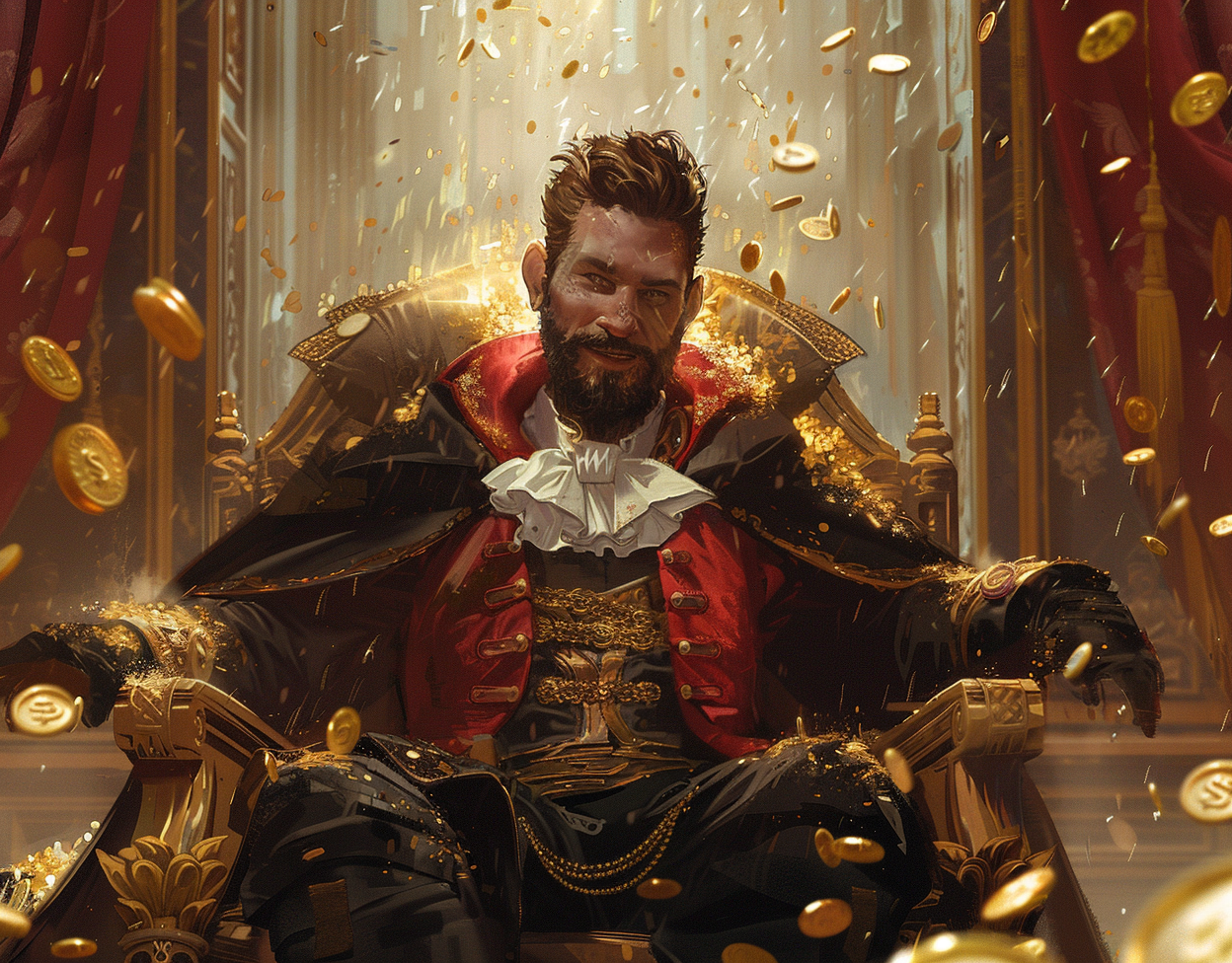 Well-dressed man surrounded by gold coins