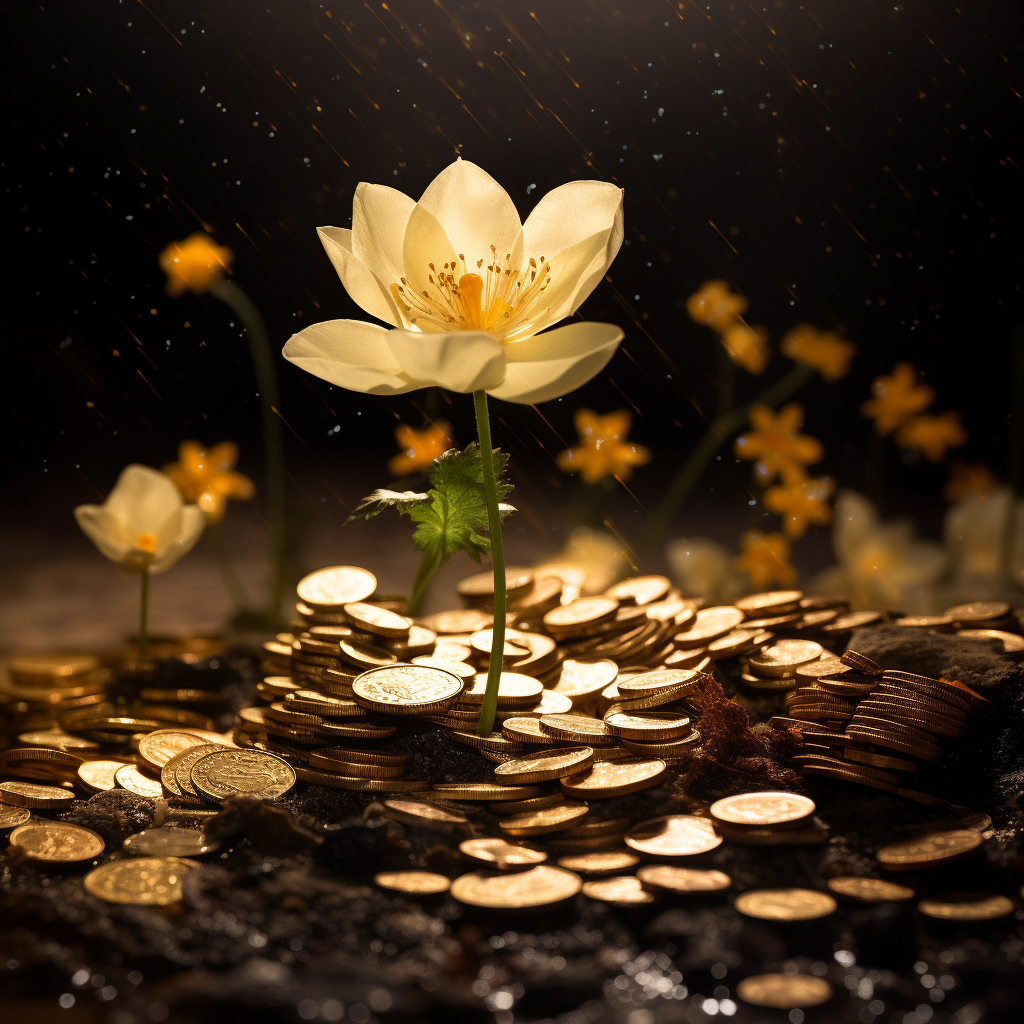 Gold coins sprouting from flower