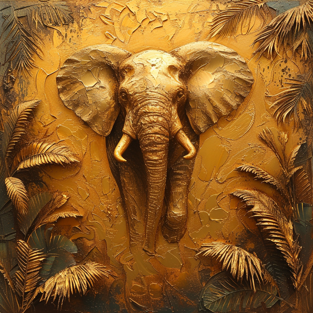 Golden elephant in jungle painting