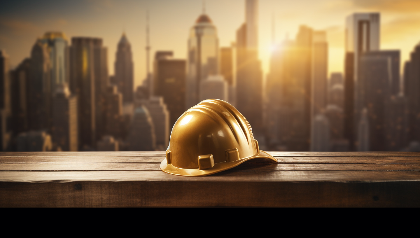 Gold hard hat overlooking skyscrapers