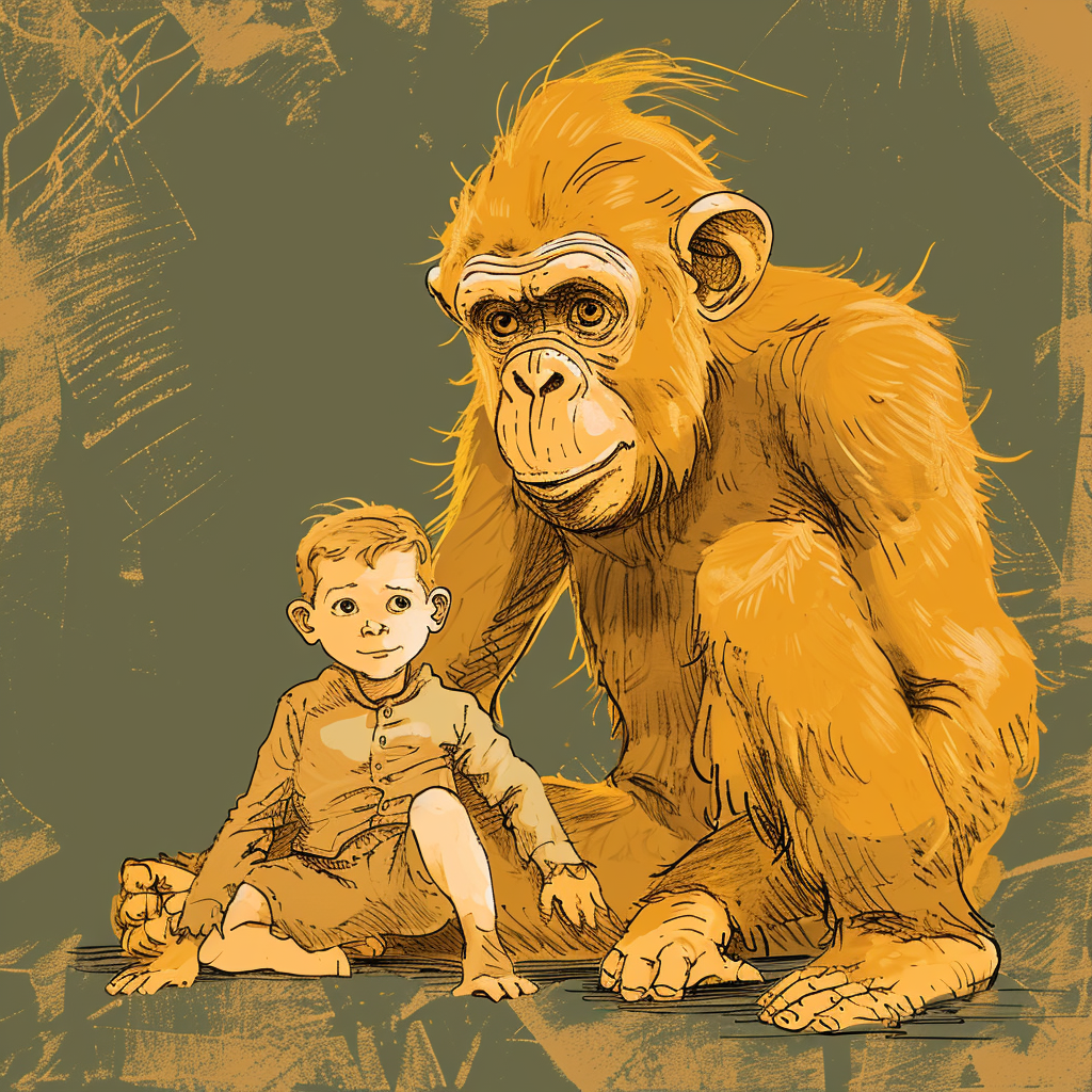 Gold monkey with little human boy