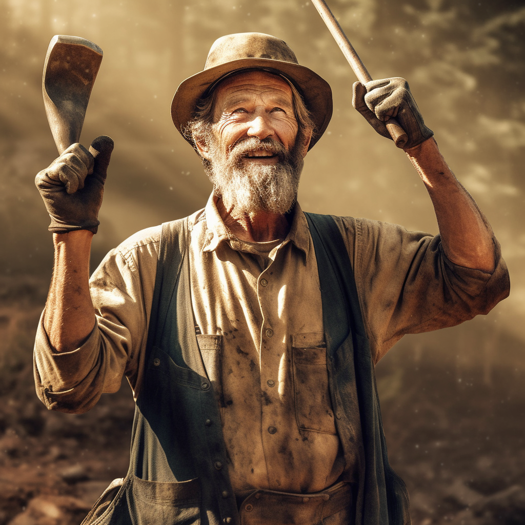 Gold prospector with raised hands and pick axe