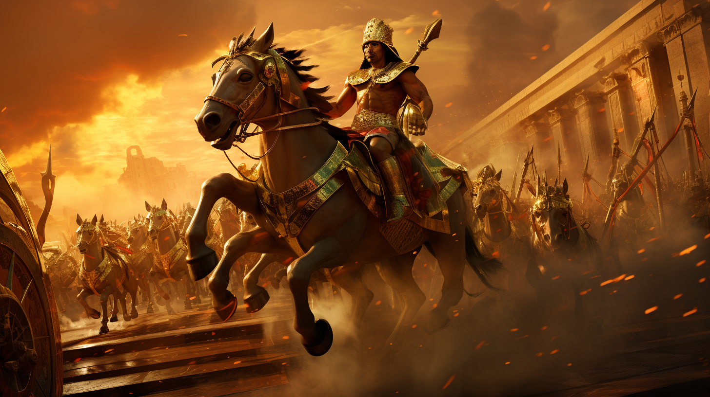 Thutmose III leading army in golden chariot on Egyptian battlefield