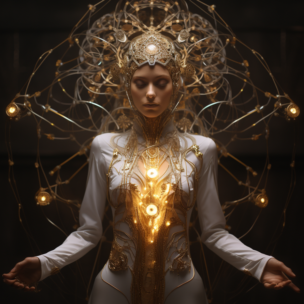 Golden Female Futuristic Doctor with Runic Embroideries