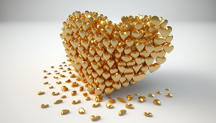 Small golden hearts on white background