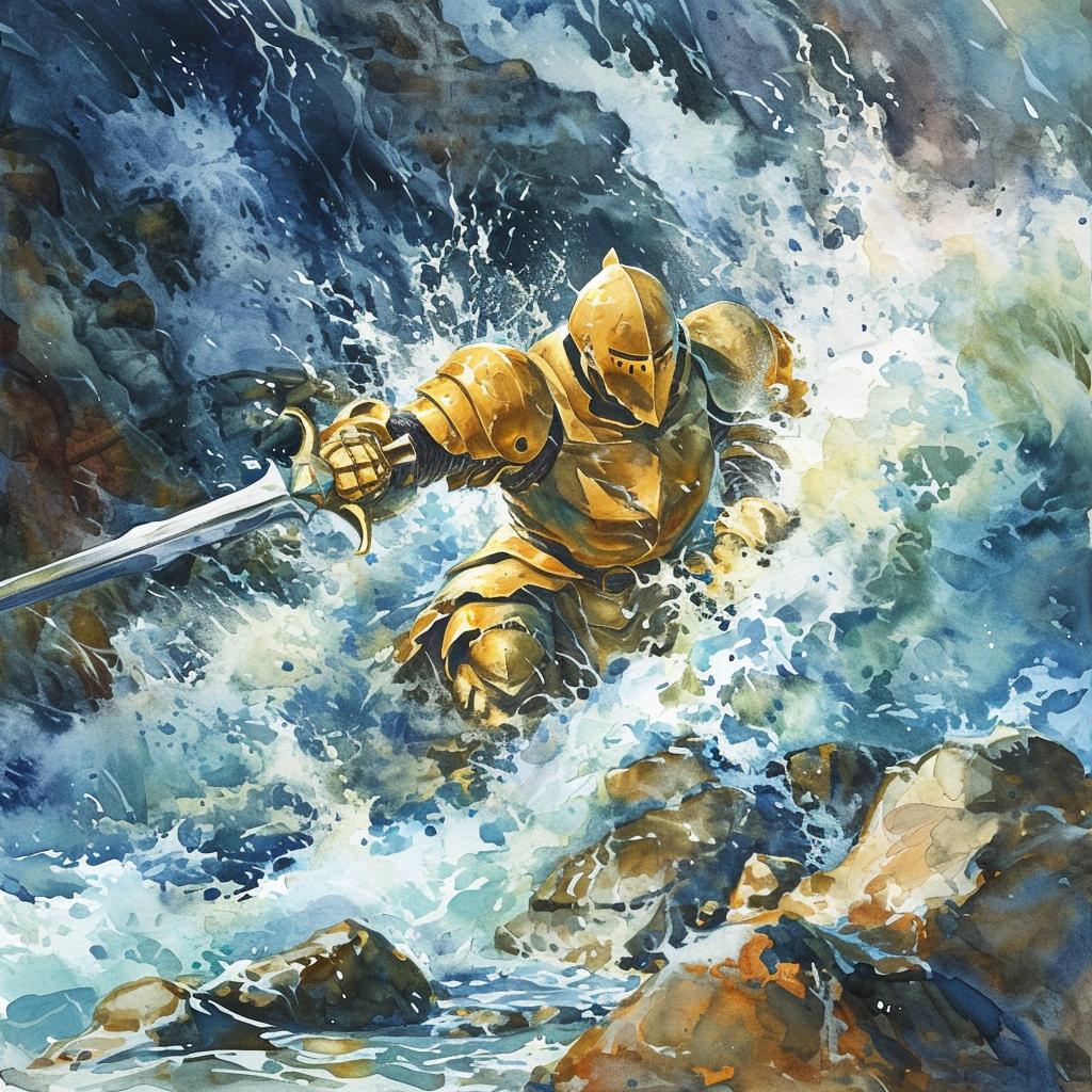 Golden knight doll swept away by river rapids